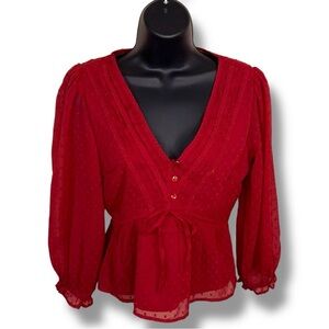 NEW Japna Burgundy Red Peasant Top Long Sleeve  Vneck Lace Trim Accent Boho